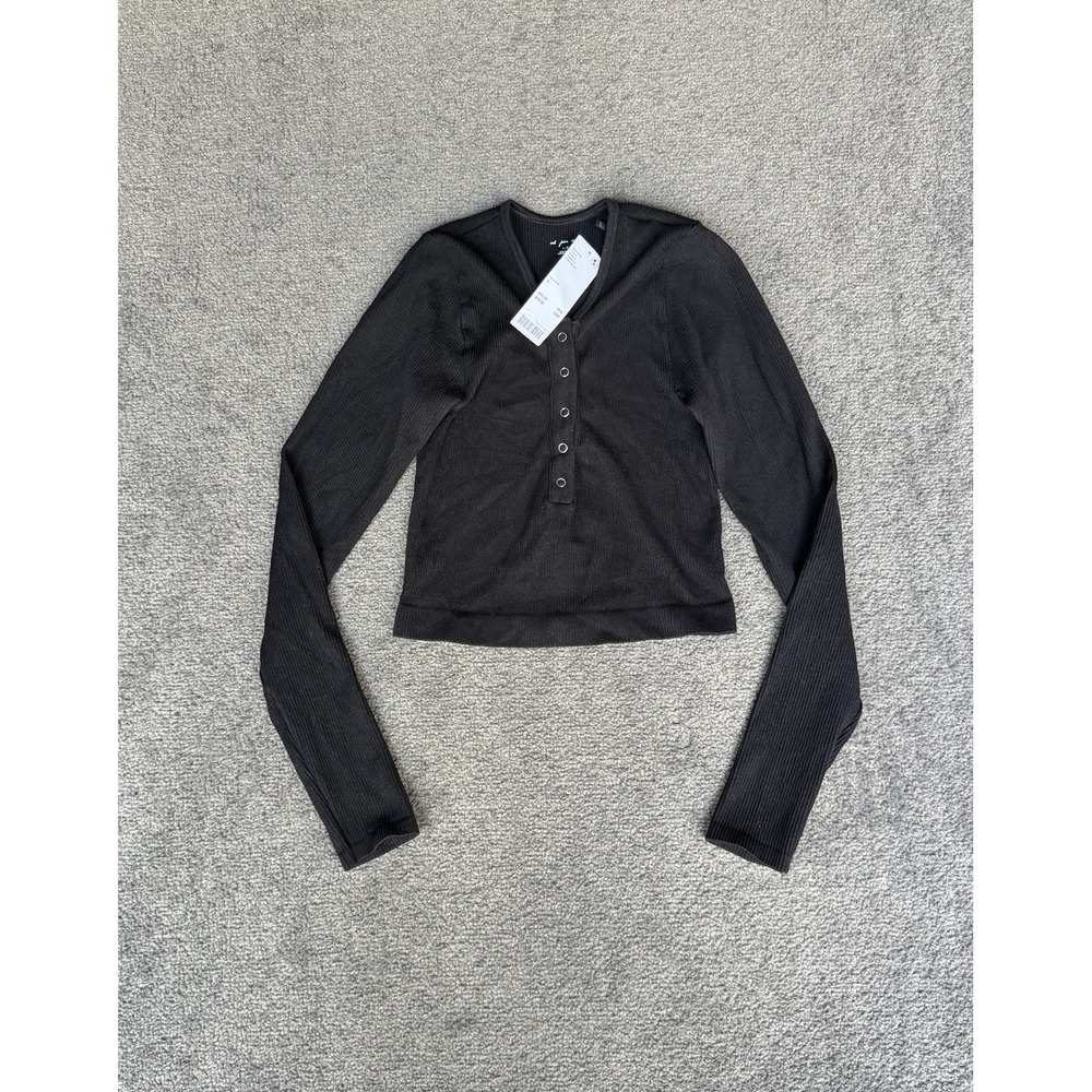 Out From Under Urban Outfitters Black Ribbed Henley Long Sleeve Crop Top L NEW